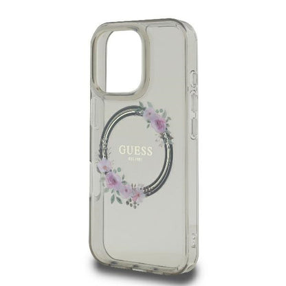 MagSafe Hülle für Apple iPhone 16 Pro, Guess, IML Flowers Wreath, Schwarz