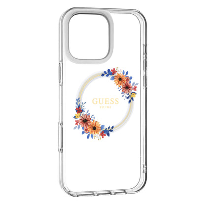 Custodia MagSafe per Apple iPhone 16 Pro, Guess, IML Flowers Wreath, Trasparente