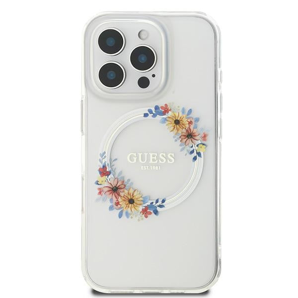 Custodia MagSafe per Apple iPhone 16 Pro, Guess, IML Flowers Wreath, Trasparente