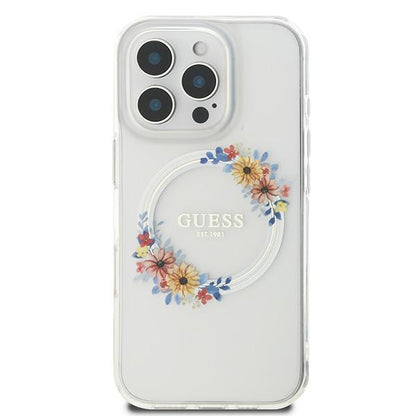 Custodia MagSafe per Apple iPhone 16 Pro, Guess, IML Flowers Wreath, Trasparente