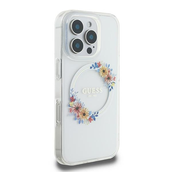 Custodia MagSafe per Apple iPhone 16 Pro, Guess, IML Flowers Wreath, Trasparente
