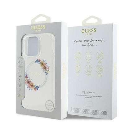 Custodia MagSafe per Apple iPhone 16 Pro, Guess, IML Flowers Wreath, Trasparente