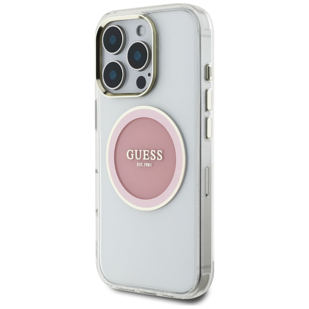 Custodia MagSafe per Apple iPhone 16 Pro, Guess, IML Metal Colored Circle, Rosa
