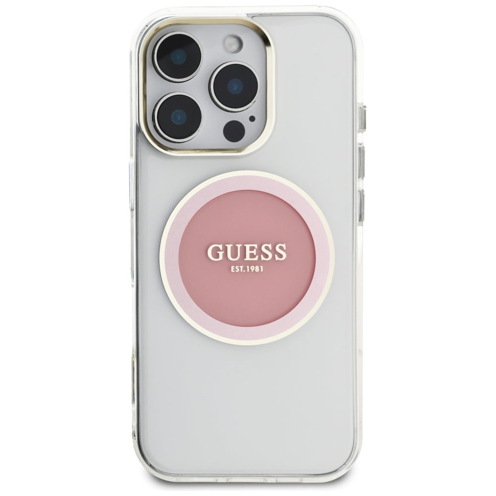 Custodia MagSafe per Apple iPhone 16 Pro, Guess, IML Metal Colored Circle, Rosa