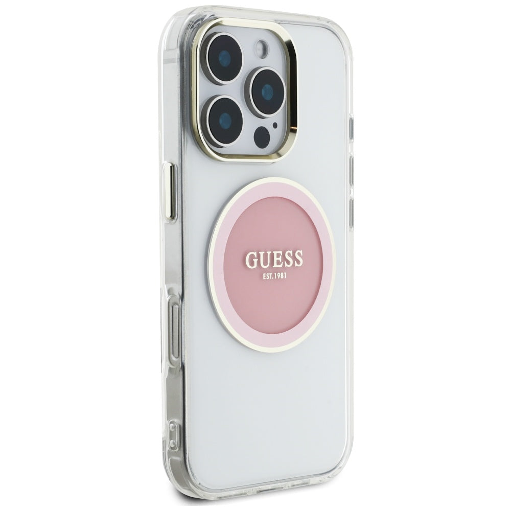 Custodia MagSafe per Apple iPhone 16 Pro, Guess, IML Metal Colored Circle, Rosa
