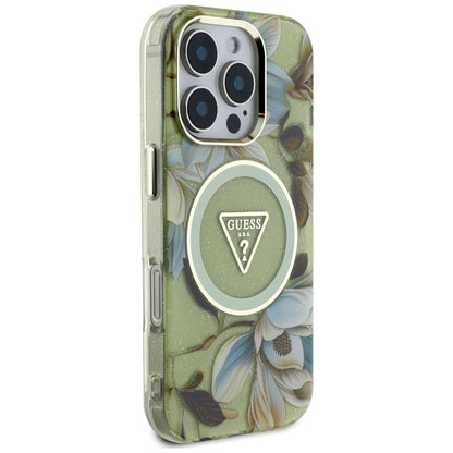 Custodia MagSafe per Apple iPhone 16 Pro, Guess, IML Metal Glitter Flowers Triangle, Verde