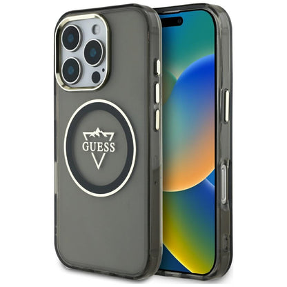 Custodia MagSafe per Apple iPhone 16 Pro, Guess, IML Metal Mountain Logo, Nera