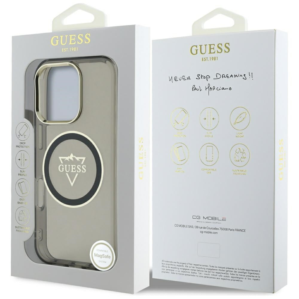 Custodia MagSafe per Apple iPhone 16 Pro, Guess, IML Metal Mountain Logo, Nera
