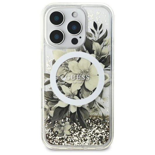 MagSafe Hülle für Apple iPhone 16 Pro, Guess, Liquid Glitter Flower, Beige
