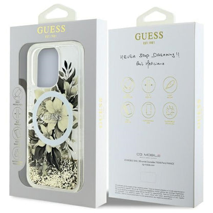 Custodia MagSafe per Apple iPhone 16 Pro, Guess, Liquid Glitter Flower, Beige