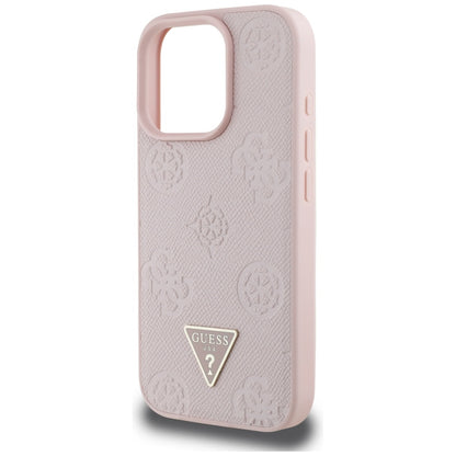 MagSafe Hülle für Apple iPhone 16 Pro, Guess, Peony Grained Hot Stamp Triangle, Rosa