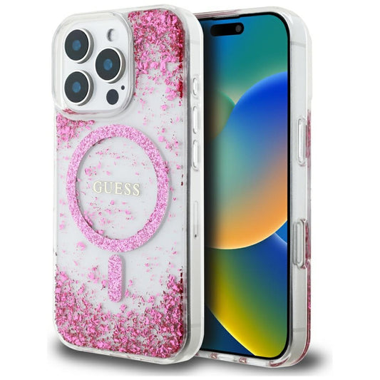Custodia MagSafe per Apple iPhone 16 Pro, Guess, Resin Bottom Glitter, Rosa