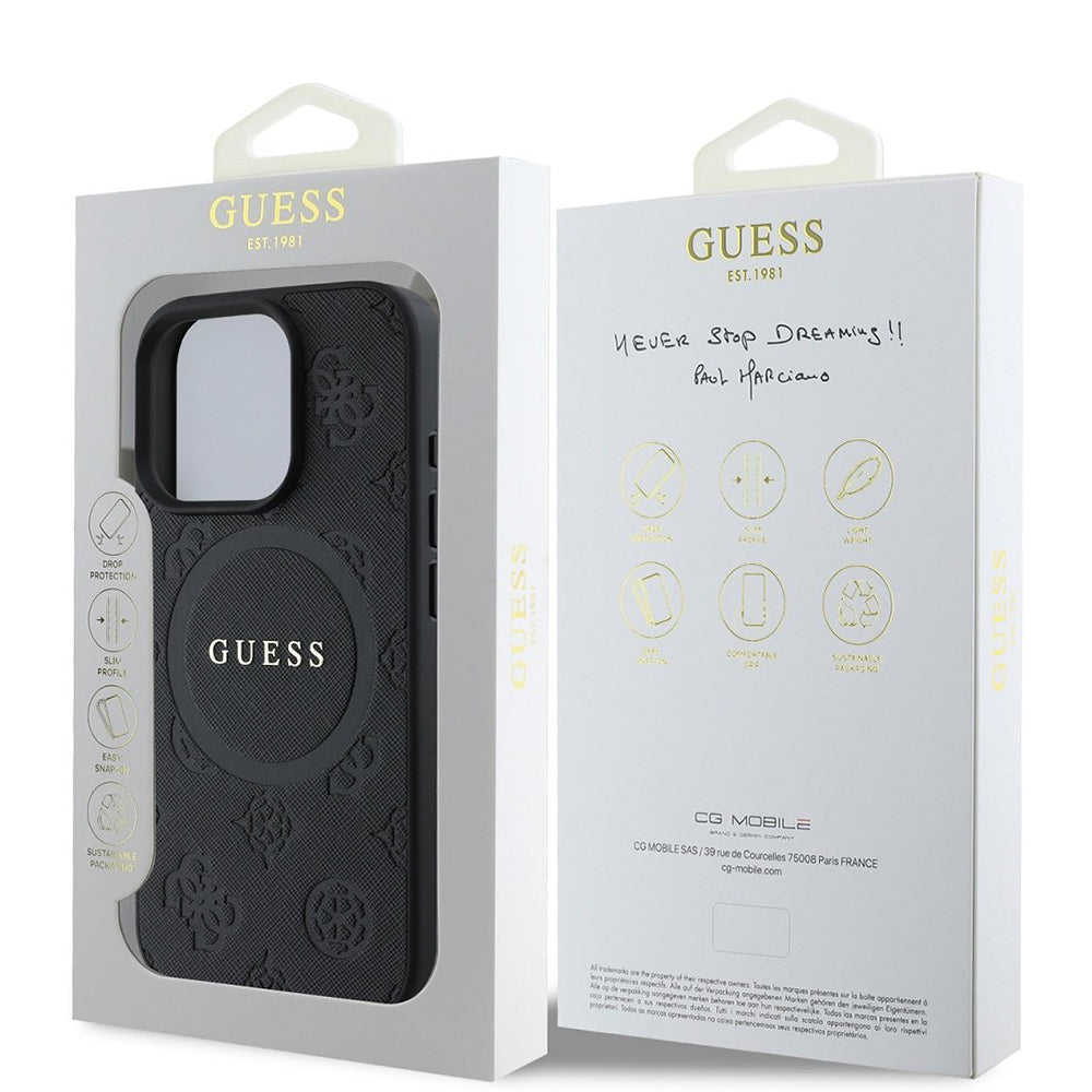 Custodia MagSafe per Apple iPhone 16 Pro, Guess, Saffiano Peony Classic Logo, Nera