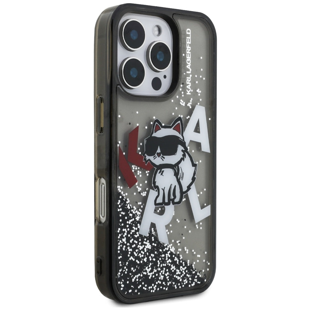 Étui MagSafe pour Apple iPhone 16 Pro, Karl Lagerfeld, Logo Choupette à Paillettes Liquides, Noir