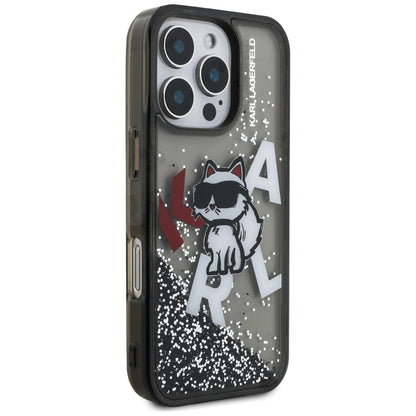 Étui MagSafe pour Apple iPhone 16 Pro, Karl Lagerfeld, Logo Choupette à Paillettes Liquides, Noir