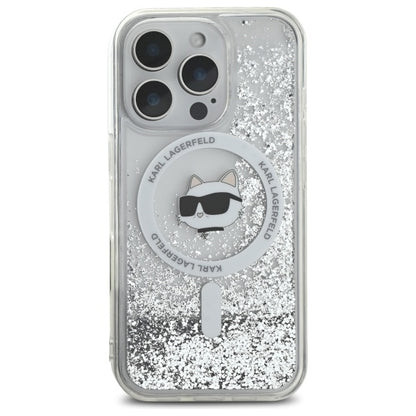 Housse MagSafe pour Apple iPhone 16 Pro, Karl Lagerfeld, Liquid Glitter Choupette's Head, Transparente