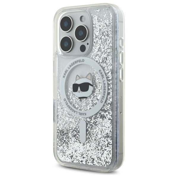 Housse MagSafe pour Apple iPhone 16 Pro, Karl Lagerfeld, Liquid Glitter Choupette's Head, Transparente
