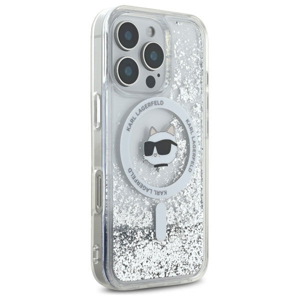 Housse MagSafe pour Apple iPhone 16 Pro, Karl Lagerfeld, Liquid Glitter Choupette's Head, Transparente