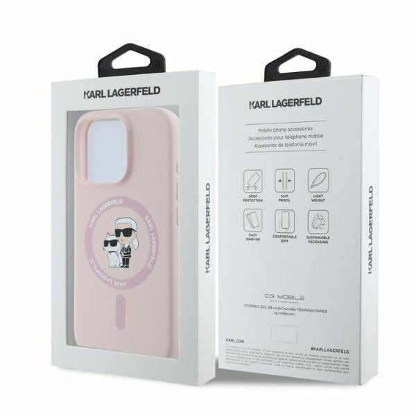 Custodia MagSafe per Apple iPhone 16 Pro, Karl Lagerfeld, Silicone Ring Karl & Choupette, Rosa