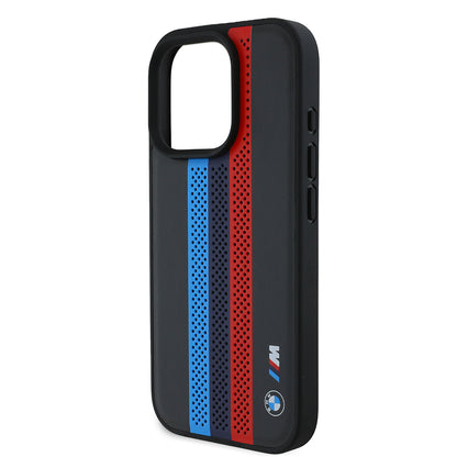 Coque MagSafe pour Apple iPhone 16 Pro Max, BMW, Perforated M Perf. Tricolor Stripers, Noire
