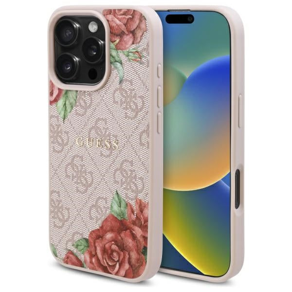 Custodia MagSafe per Apple iPhone 16 Pro Max, Guess, 4G Flowers Print, Rosa