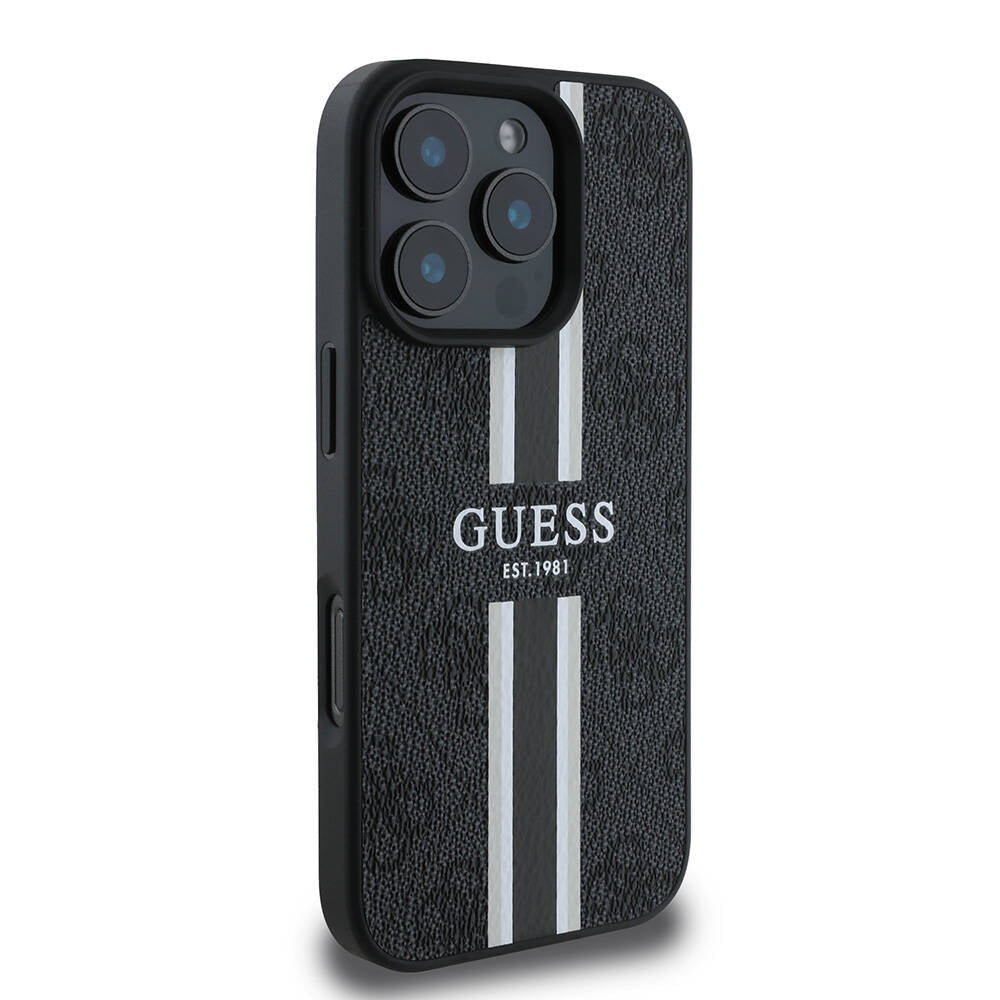 Custodia MagSafe per Apple iPhone 16 Pro Max, Guess, 4G Printed Stripes, Nera