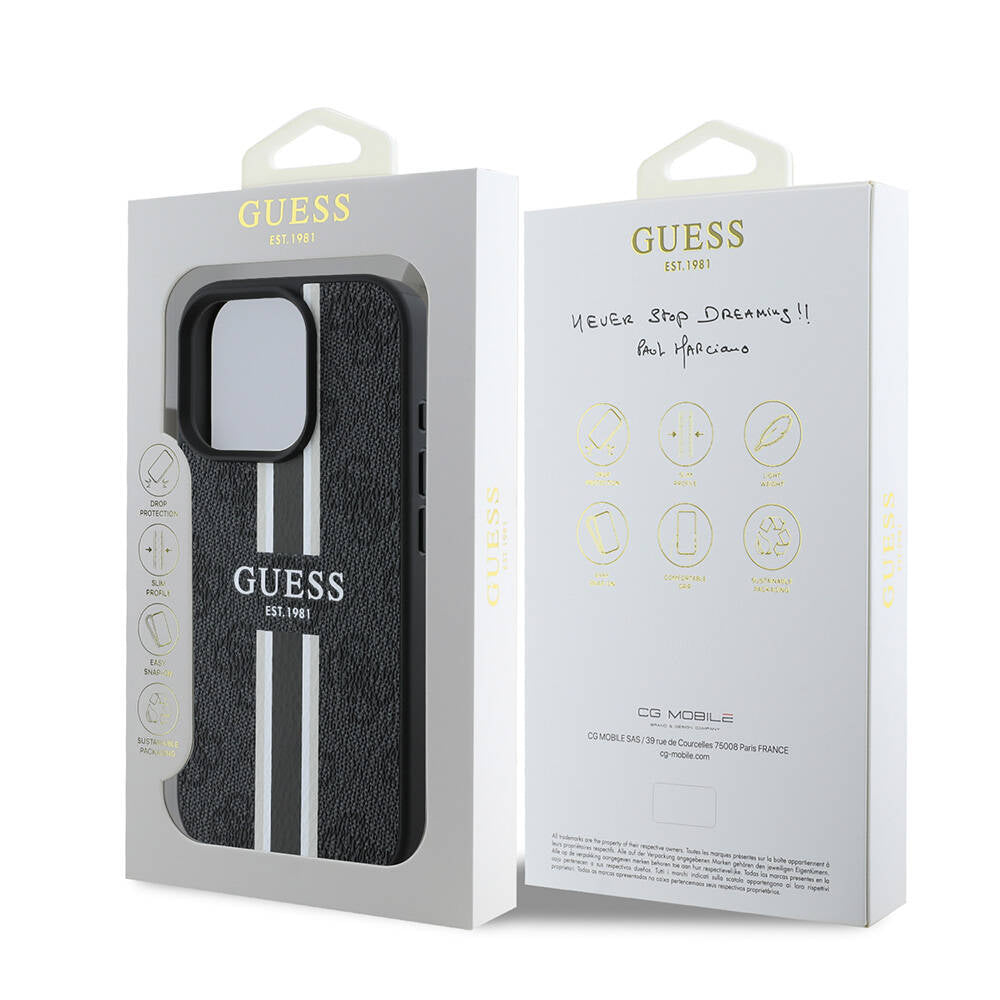 Custodia MagSafe per Apple iPhone 16 Pro Max, Guess, 4G Printed Stripes, Nera