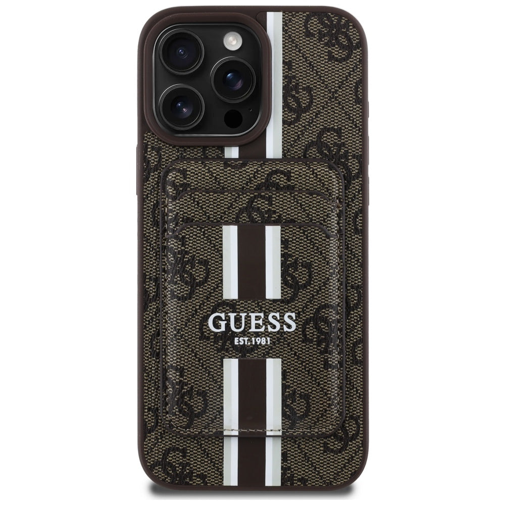 Custodia MagSafe per Apple iPhone 16 Pro Max, Guess, Cardslot 4G Stripes, Marrone