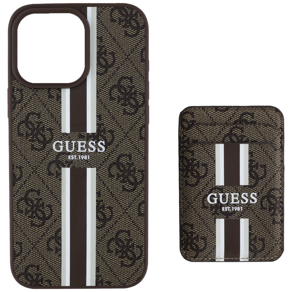 Custodia MagSafe per Apple iPhone 16 Pro Max, Guess, Cardslot 4G Stripes, Marrone
