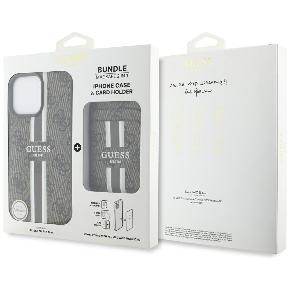 Custodia MagSafe per Apple iPhone 16 Pro Max, Guess, Cardslot 4G Stripes, Marrone