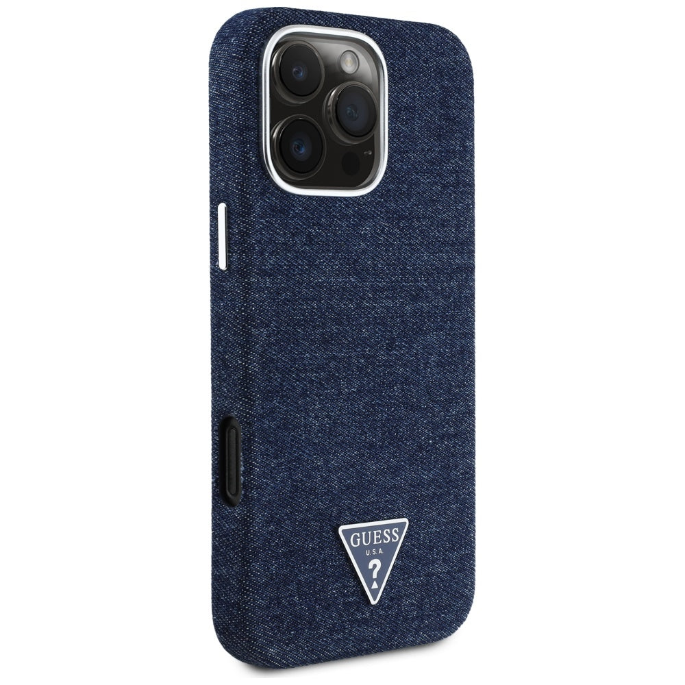 Custodia MagSafe per Apple iPhone 16 Pro Max, Guess, Denim Triangle Logo, Blu