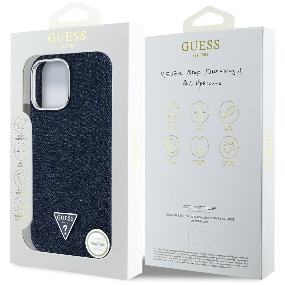 Custodia MagSafe per Apple iPhone 16 Pro Max, Guess, Denim Triangle Logo, Blu
