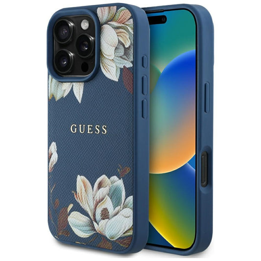 Coque MagSafe pour Apple iPhone 16 Pro Max, Guess, Grained Flowers, Bleue