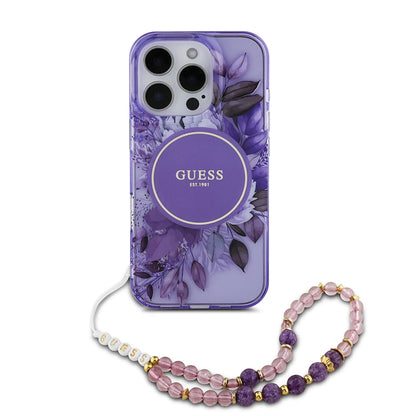 Étui MagSafe pour Apple iPhone 16 Pro Max, Guess, IML Flowers with Pearl Strap, Violet