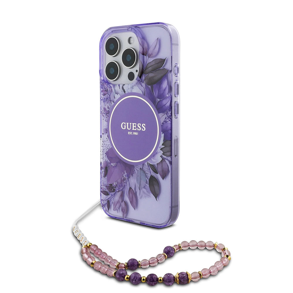 Étui MagSafe pour Apple iPhone 16 Pro Max, Guess, IML Flowers with Pearl Strap, Violet