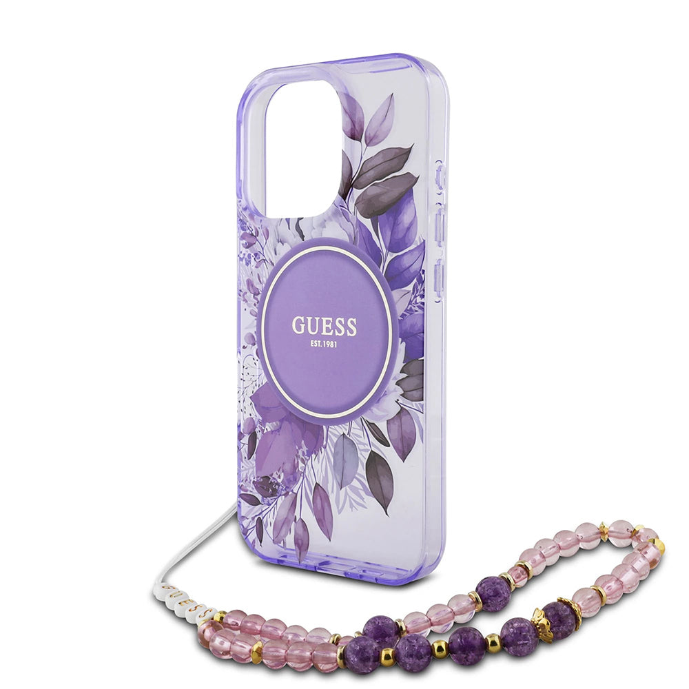 Étui MagSafe pour Apple iPhone 16 Pro Max, Guess, IML Flowers with Pearl Strap, Violet