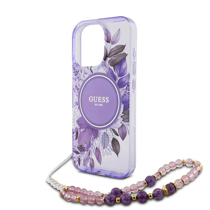 Étui MagSafe pour Apple iPhone 16 Pro Max, Guess, IML Flowers with Pearl Strap, Violet