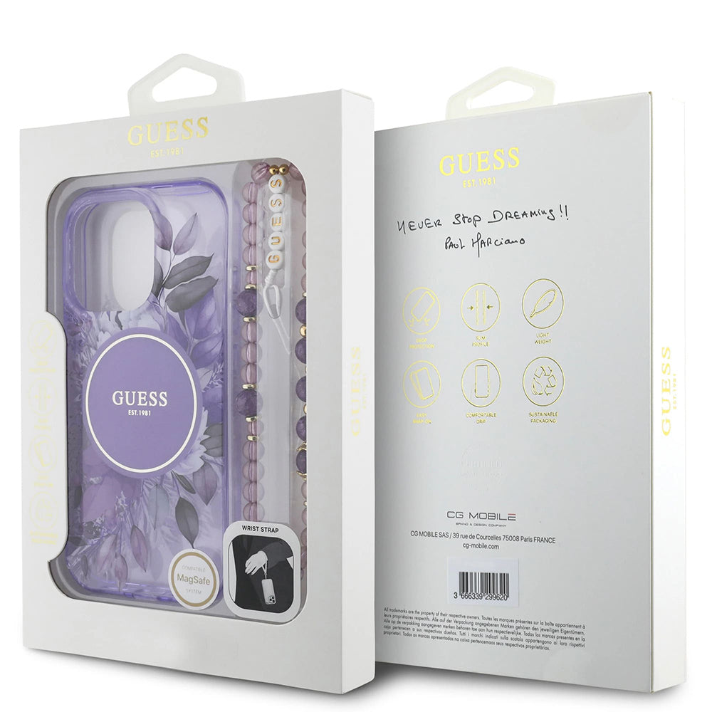 Étui MagSafe pour Apple iPhone 16 Pro Max, Guess, IML Flowers with Pearl Strap, Violet