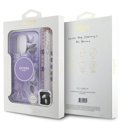 Étui MagSafe pour Apple iPhone 16 Pro Max, Guess, IML Flowers with Pearl Strap, Violet