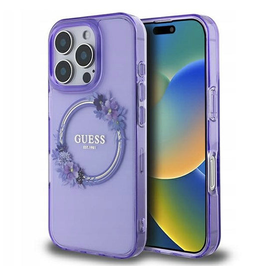 Étui MagSafe pour Apple iPhone 16 Pro Max, Guess, IML Couronne de Fleurs, Violet