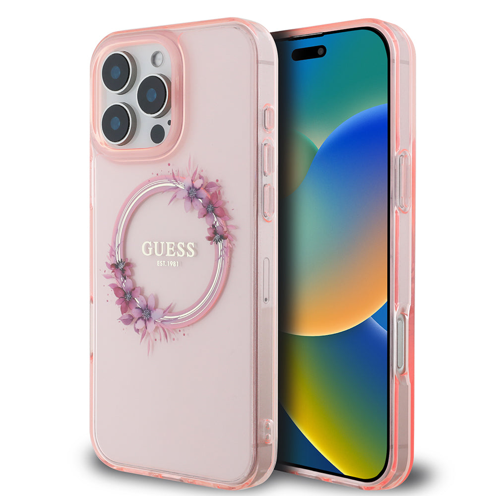 Étui MagSafe pour Apple iPhone 16 Pro Max, Guess, IML Couronne de Fleurs, Rose