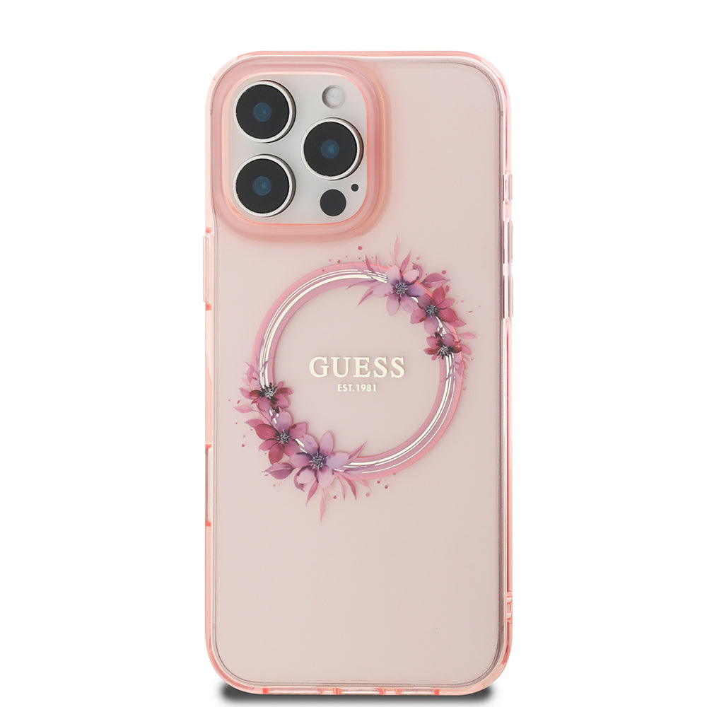 Étui MagSafe pour Apple iPhone 16 Pro Max, Guess, IML Couronne de Fleurs, Rose