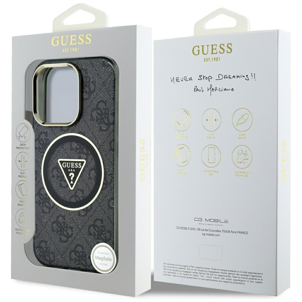 Coque MagSafe pour Apple iPhone 16 Pro Max, Guess, IML Glitter 4G Circle Triangle, Noire
