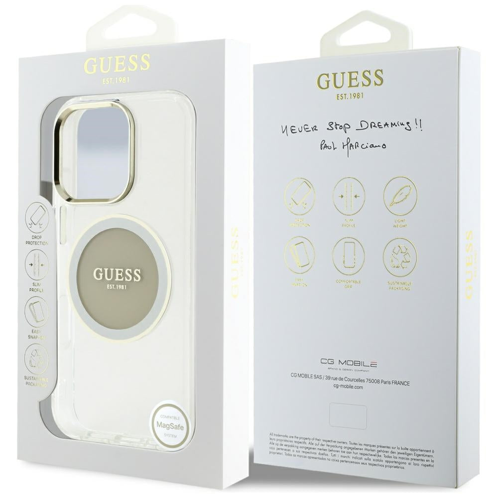 Custodia MagSafe per Apple iPhone 16 Pro Max, Guess, IML Metal Colored Circle, Grigio