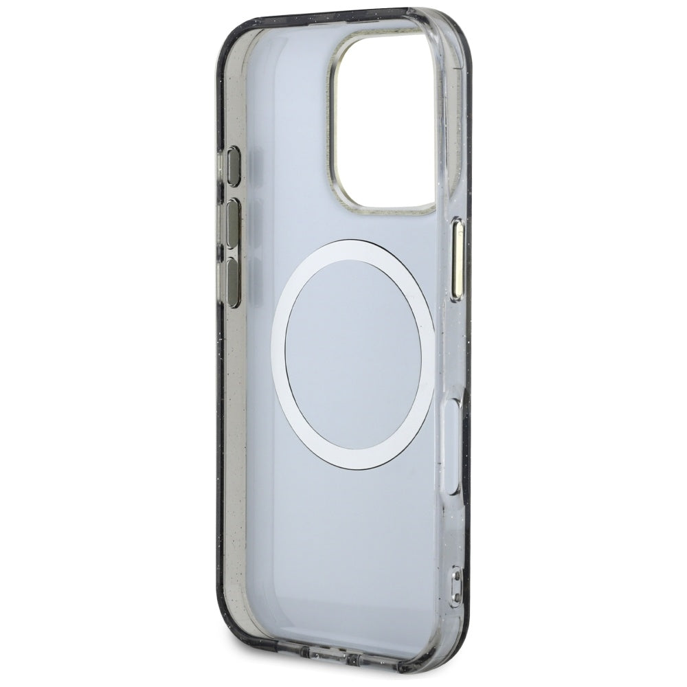 Custodia MagSafe per Apple iPhone 16 Pro Max, Guess, IML Metal Glitter Flowers Triangle, Nera