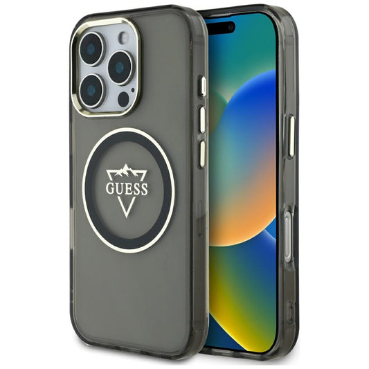 Coque MagSafe pour Apple iPhone 16 Pro Max, Guess, logo IML Metal Mountain, Noire