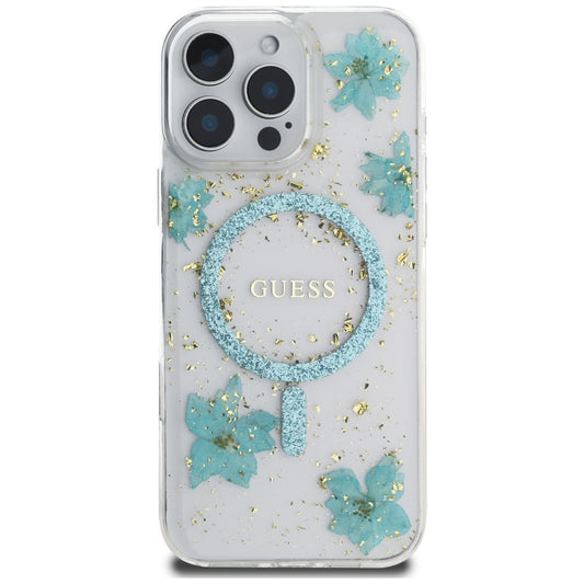 Coque MagSafe pour Apple iPhone 16 Pro Max, Guess, Resin Flowers and Glitter, Turquoise