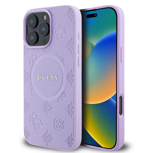 Étui MagSafe pour Apple iPhone 16 Pro Max, Guess, Saffiano Peony Classic Logo, Violet