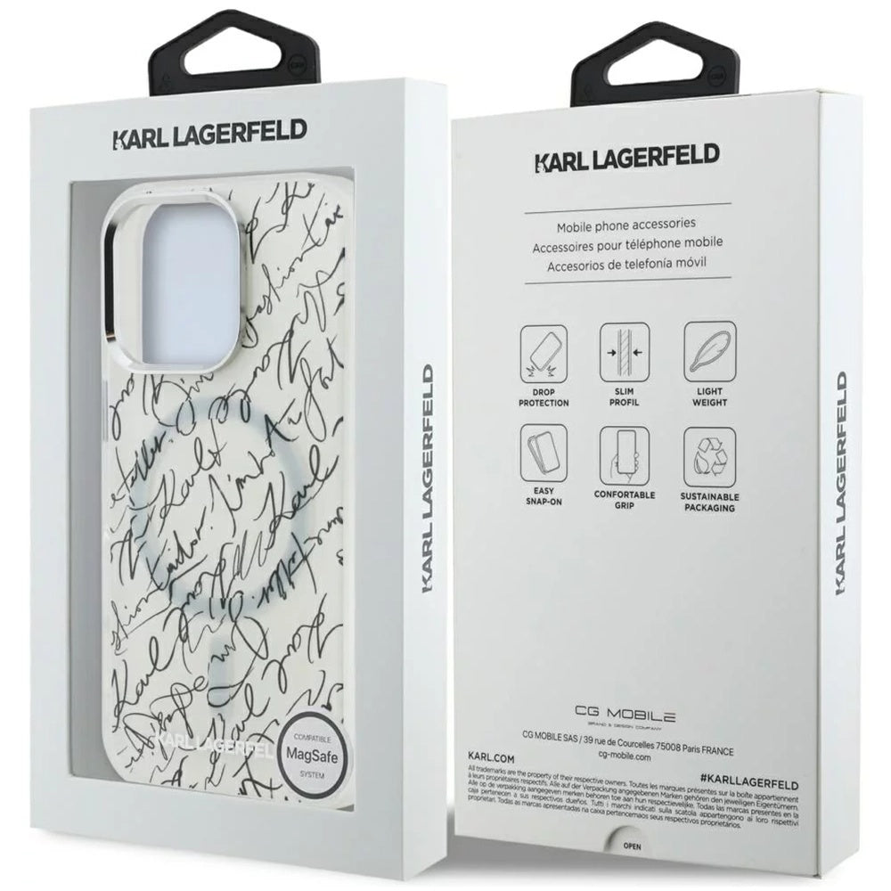Étui MagSafe pour Apple iPhone 16 Pro Max, Karl Lagerfeld, Motif Script Karl IML, Blanc