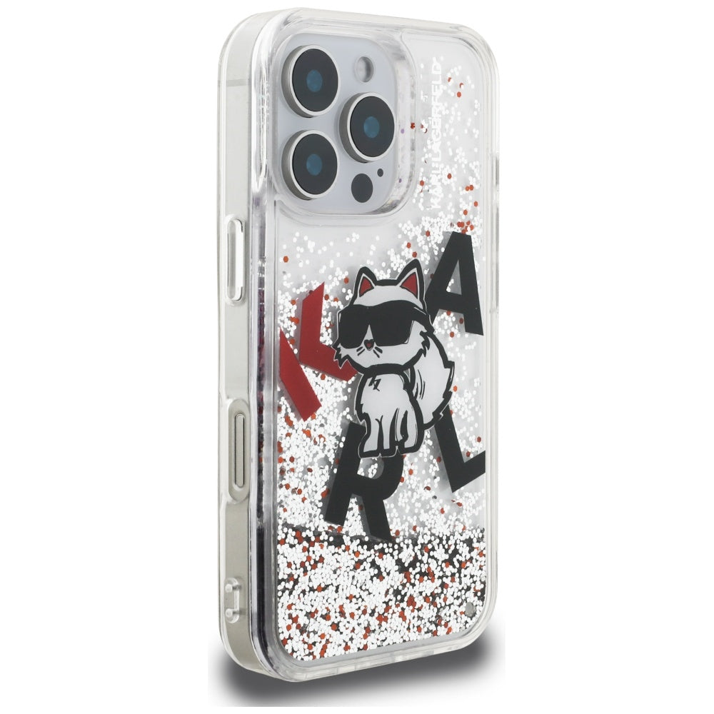 Custodia MagSafe per Apple iPhone 16 Pro Max, Karl Lagerfeld, Liquid Glitter Choupette Logo, Trasparente